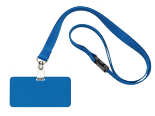 Blue lanyard with attached id card holder isolated on transparent background