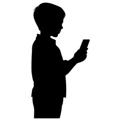 Black silhouette of a boy with a smartphone without background.