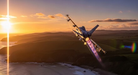 Fighter jet climbs over coastal landscape at sunset, contrails visible
