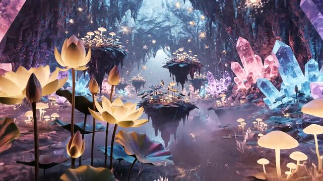 Fantasy Mushroom Forest with Crystals and Flowers.