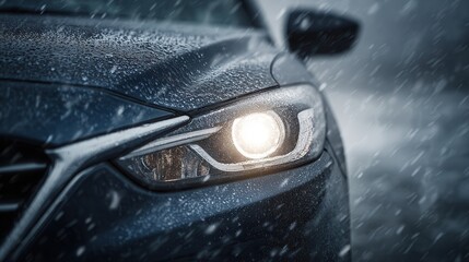 Car Headlight Illuminating Snowfall