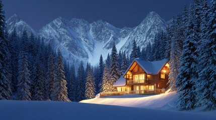 scenic wooden cottage surrounded by snowcovered mountains at dusk perfect for a winter escape