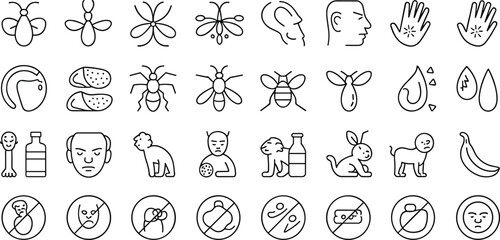 Allergy and health line icons set, insect sting human reaction symbols, dermatology biology icons, medical healthcare vector graphic design elements