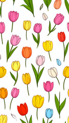 Obraz premium Tulips galore! Random, colorful blooms scattered on a bright white background. Upright format