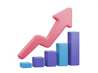 Visual representation of progressive growth with colorful 3d bars and arrow isolated on transparent background