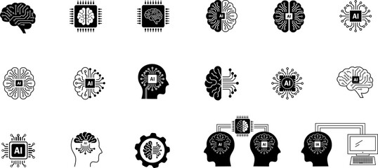 Neural Link AI Icons Set. Artificial Intelligence Brain, Machine Learning, Neural Network, Chip and Digital Mind Line Symbols