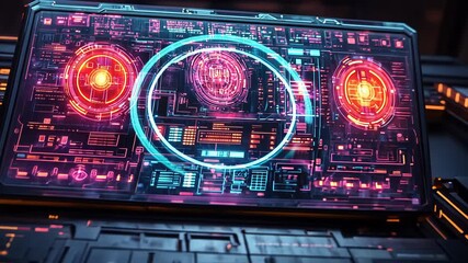 Futuristic computer interface with glowing neon lights and dynamic data visualization. - Powered by Adobe