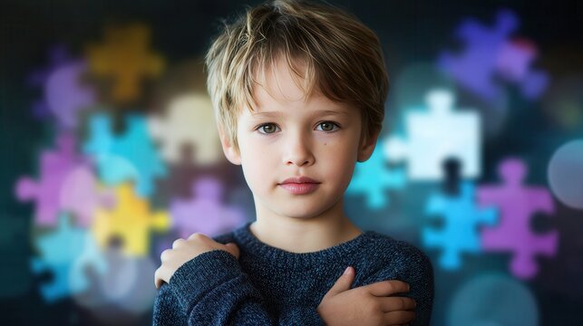 Child with arms against puzzle pieces background - Powered by Adobe
