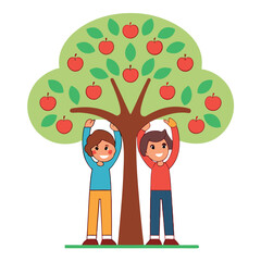 Friends lifting each other to reach an apple tree 