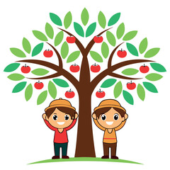 Friends lifting each other to reach an apple tree 