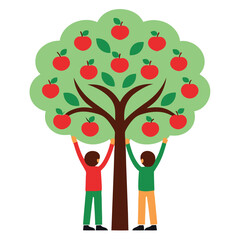 Friends lifting each other to reach an apple tree 