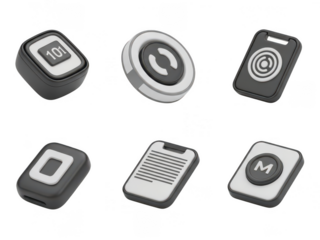 Collection of six functional icons displaying telephony and document symbols isolated on transparent background