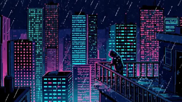 Woman standing on balcony in rainy neon city at night. Cyberpunk sequence showing her silhouette against glowing skyscrapers. Futuristic urban solitude and atmospheric night view. Pixel retro style