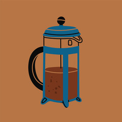 French press for coffee. Unique trendy style. Coffee Icon for menus, coffee shop, cafe, restaurant. Hand drawn modern Vector illustration. Isolated design element. Sticker, logo, print template 