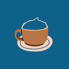 Cup with foamy cappuccino. Unique trendy style. Coffee Icon for menus, coffee shop, cafe, restaurant. Hand drawn modern Vector illustration. Isolated design element. Sticker, logo, print template 