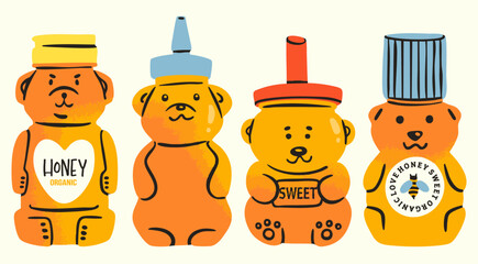 Bear shaped Honey bottles set. Animal packaging design. Various container sizes, shapes. Hand drawn trendy Vector illustration. Isolated design elements. Fresh organic honey, farm market concept