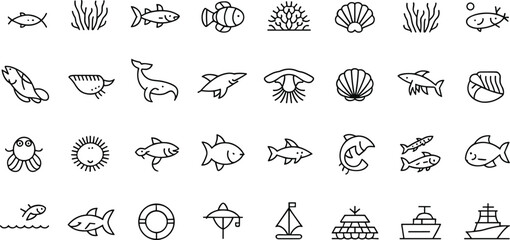 Sea life line icons set, ocean animal vector collection, fish shell coral nautical symbols, marine biology illustrations, isolated black graphics © rehna