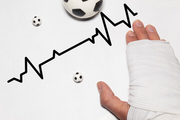 Bandaged hand in front of ascending electrocardiogram-style graph with soccer balls around it, concept of physical improvement and sports recovery