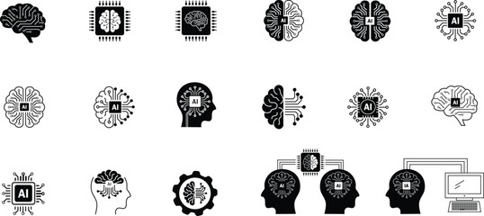 Neural Link AI Icons Set. Artificial Intelligence Brain, Machine Learning, Neural Network, Chip and Digital Mind Line Symbols