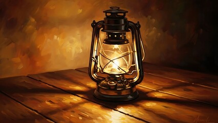Warm Glow of an Antique Oil Lamp on Wood