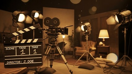 Vintage Movie Set with Film Camera and Lights