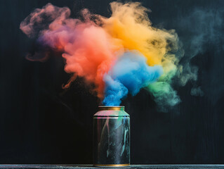 Multi-colored smoke erupting from a can against a black background, aerosol can explosion with colorful smoke on a dark background, generative ai