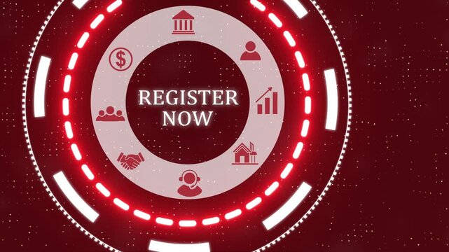 A register now button on a clear projection ,Red wave digital data flow. Seamless loop technology network background concept . Futuristic digital technology animated background concept.