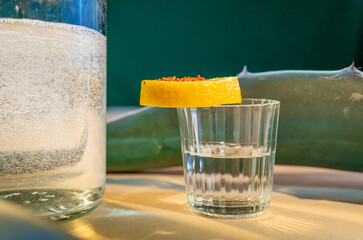 Mezcal shot with orange and chili powder in puebla