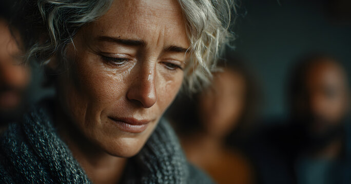 Woman consoled by fellow group members after emotional sharing, tearful moment of comfort and connection during healing group therapy session - Powered by Adobe