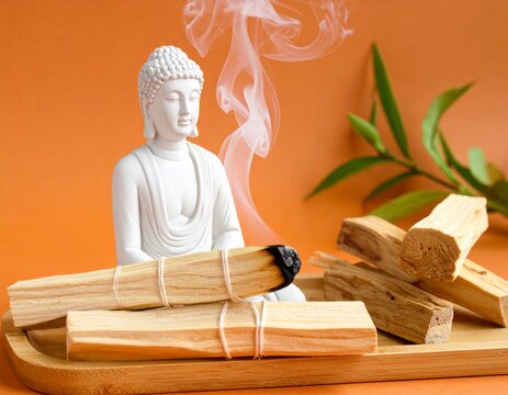 White sage and palo santo sticks are burning in a bundle of incense on a wooden stand against an orange-brown backdrop. Use holy wood sticks for room fumigation and meditation. Selective emphasis
