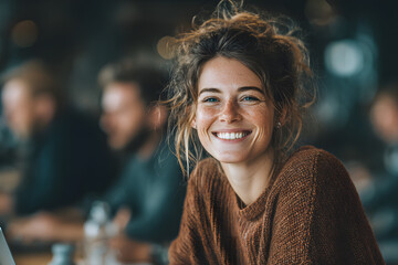 Successful virtual teamwork. Laughing gen z girl remote employee blended learning student communicate by videocall via notebook sit at table in cozy coworking space collaborate on online group project