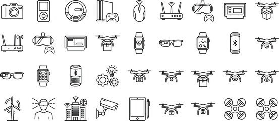 technology, smart, devices, icons, vector, innovation, drone, VR, wearable, wireless, camera, tablet, speaker, energy, gadget © Hello World