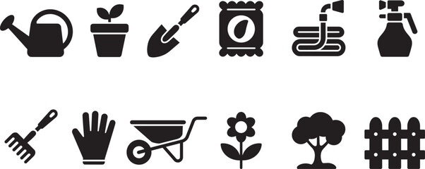 Gardening tools and elements icons for planting landscaping and yard work activities in solid black © pyenga