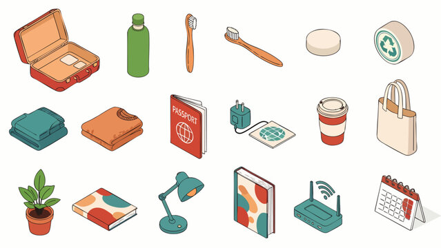 Isometric icons set of travel essentials, eco-friendly items, and everyday objects for home, work, and sustainable lifestyle concepts.