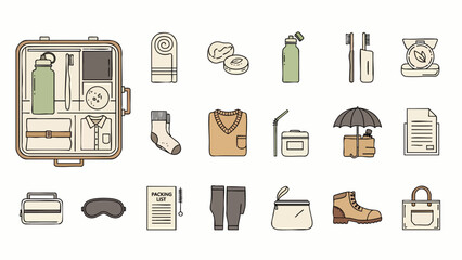 Travel and Vacation Packing Essentials Icon Set: A Comprehensive Collection of Flat Line Vector Illustrations for Trip Preparation, Personal Care, and Journey Needs.
