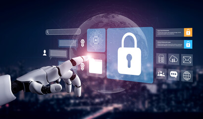 A robotic hand reaches towards a digital security interface, symbolizing the fusion of technology and innovation in urban environments, highlighting security and data protection. Gantry