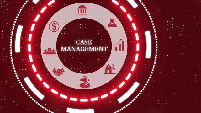 A case management button on a clear projection ,Red wave digital data flow. Seamless loop technology network background concept . Futuristic digital technology animated background concept.