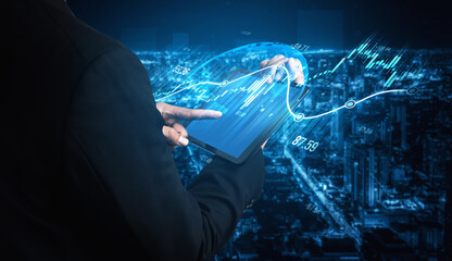 A businessman engages with a tablet, analyzing digital graphs and charts representing financial growth against a futuristic city backdrop, showcasing technology and innovation. Scalp