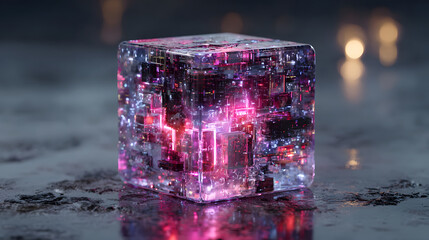 A futuristic glowing glass cube illuminated with vibrant pink and blue neon light, technology, innovation, data storage, digital blockchain, artificial intelligence and modern futuristic design.
