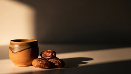 Dates and clay cup on a table with sunlight and shadows