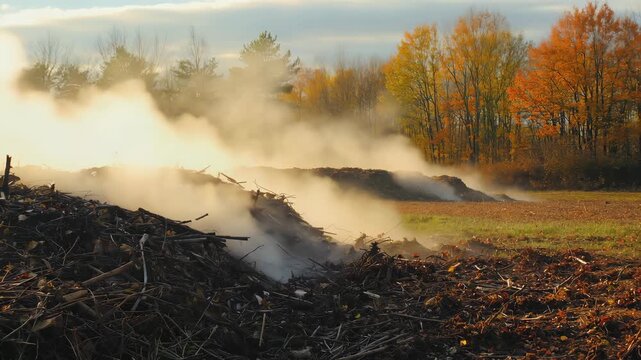 Smoldering Organic Waste and Smoke in Autumn Countryside