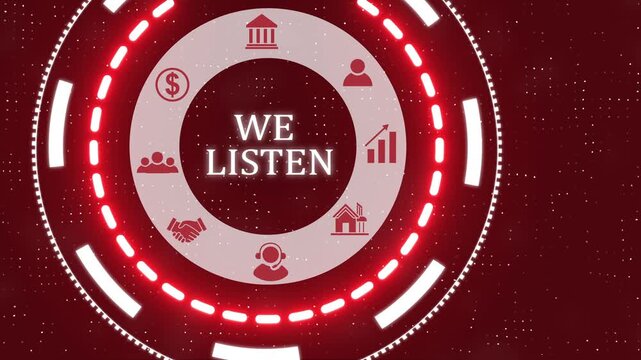 A we listen button on a clear projection ,Red wave digital data flow. Seamless loop technology network background concept . Futuristic digital technology animated background concept.
