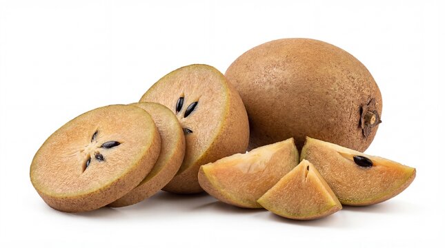 Fresh and ripe sapodilla fruit, showcasing whole, sliced, and wedge forms with dark seeds