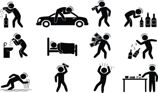 Stick Figure Silhouette Icons Depicting Alcohol Abuse Drunk Driving Vomiting Passing Out And Substance Addiction Set.