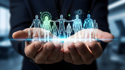 A business professional holding a holographic representation of diverse human figures symbolizing teamwork and digital innovation in a modern office setting