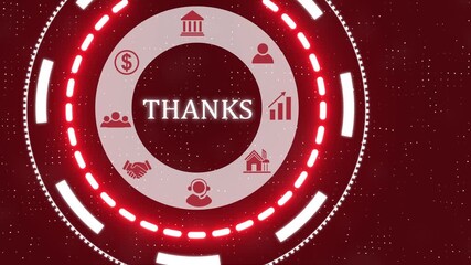 A thanks button on a clear projection ,Red wave digital data flow. Seamless loop technology network background concept . Futuristic digital technology animated background concept. - Powered by Adobe