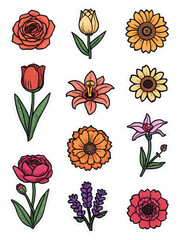 Hand drawn colorful flower sticker set