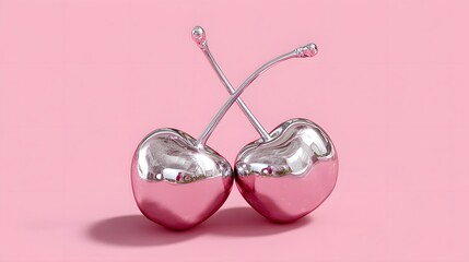 Chrome cherries sculpture on pastel pink background, glossy metallic still life with surreal pop art