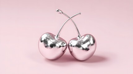 Chrome cherries sculpture on pastel pink background, glossy metallic still life with surreal pop art