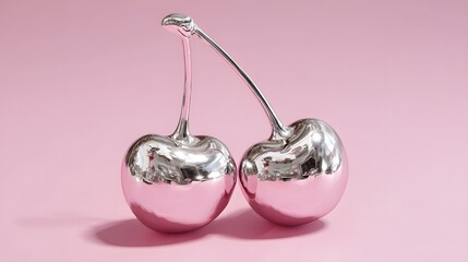 Chrome cherries sculpture on pastel pink background, glossy metallic still life with surreal pop art